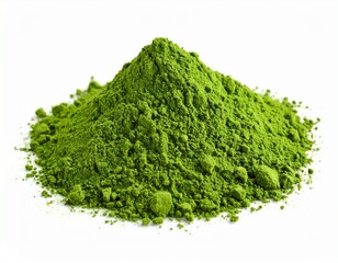 A close-up of ceremonial matcha being prepared, showcasing its rich color and fine texture perfect for themes of natural energy, and mindful rituals. Versatile matcha powder, white background 