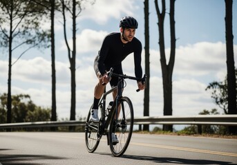 Obraz premium A man wearing a helmet rides a bicycle on a paved road surrounded by trees on a sunny day
