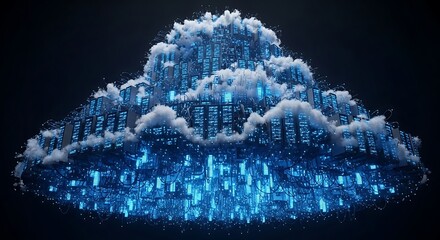 Cloud Data Center with Servers and White Clouds on Dark Background