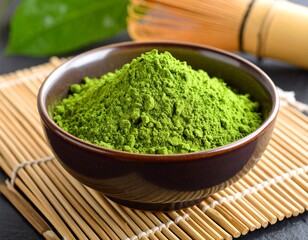 A close-up of ceremonial matcha being prepared, showcasing its rich color and fine texture perfect for themes of natural energy, and mindful rituals. Versatile matcha powder, white background 