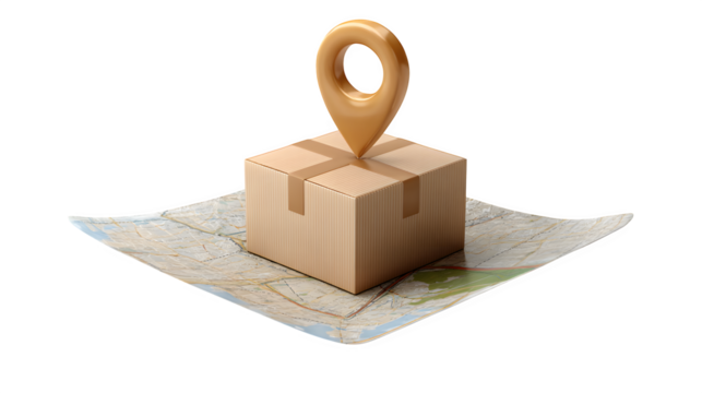 3D map pin with cardboard box on top, transparent background,