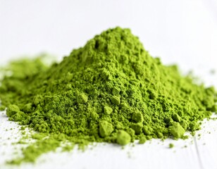 A close-up of ceremonial matcha being prepared, showcasing its rich color and fine texture perfect for themes of natural energy, and mindful rituals. Versatile matcha powder, white background 