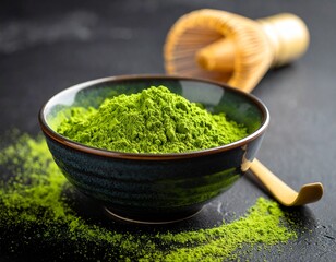 A close-up of ceremonial matcha being prepared, showcasing its rich color and fine texture perfect for themes of natural energy, and mindful rituals. Versatile matcha powder, white background 