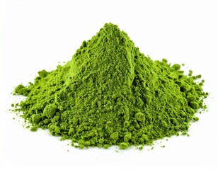 A close-up of ceremonial matcha being prepared, showcasing its rich color and fine texture perfect for themes of natural energy, and mindful rituals. Versatile matcha powder, white background 