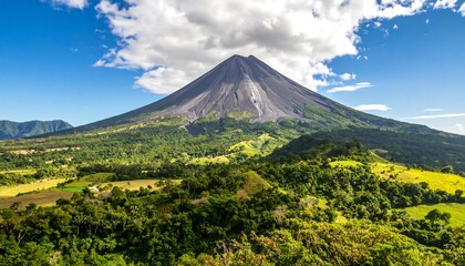 Majestic volcano dominates lush green landscape under a partly cloudy sky
