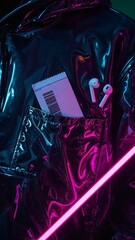 Torn movie ticket stub and earphones in shiny jacket pocket  