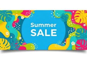 Bright and colorful summer sale banner with tropical leaves and abstract shapes, promoting seasonal discounts and special offers