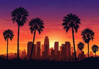 Vibrant sunset over a city skyline with silhouetted palm trees, evoking a tropical urban atmosphere