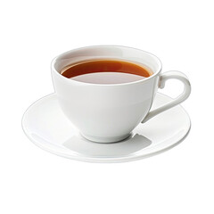 A white ceramic teacup and saucer holding a steaming cup of brown tea