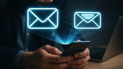 Smartphone projecting holographic email icon with digital communication symbols, representing online messaging and connectivity.
