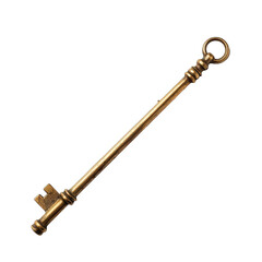 Antique brass key, long and slender, angled diagonally, with a circular ring at the top