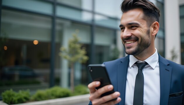 Confident businessman using smartphone while standing outside modern office building
