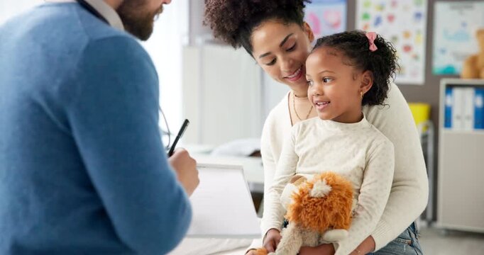 Mother, child and doctor with clipboard in hospital for writing symptoms, assessment or consultation. Health, people and pediatrician with paperwork for treatment plan, medical prescription and help