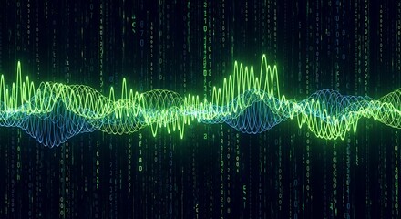 Green Waves on Falling Digital Binary Code Background