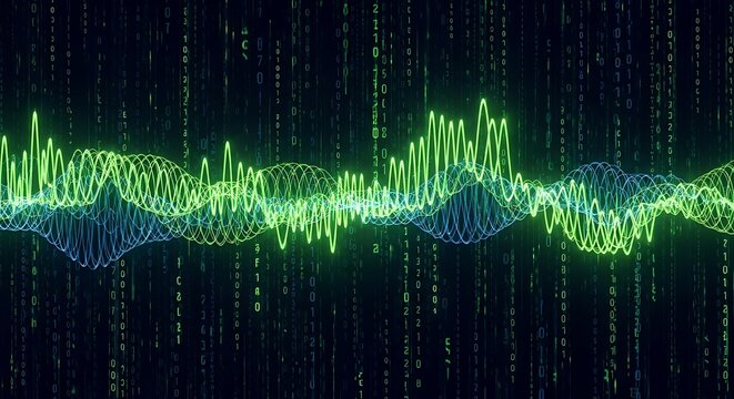 Green Waves on Falling Digital Binary Code Background