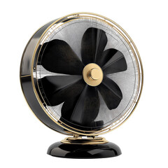 Ornate, black, circular fan with gold accents