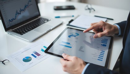 Professional Businessman Analyzing Statistical Charts on Tablet in Modern Office Environment
