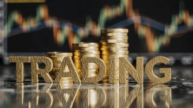 Golden trading letters and coins with financial chart display investment strategy