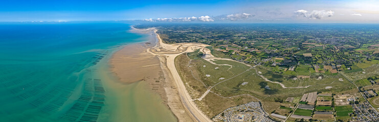 Aerial view of coast of Cotentin Peninsula beach and tides at Bricqueville-sur-Mer - Route...