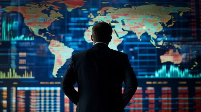 Businessman analyzing global market trends office environment digital display professional viewpoint business insights