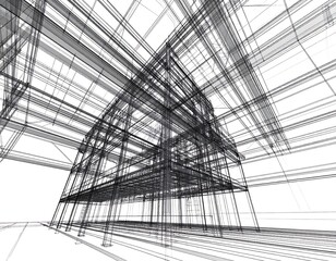 Abstract Architectural Design Blueprint, Wireframe Building Structure, 3D Model.