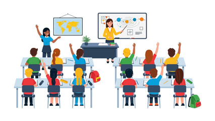 Classroom Dynamics: A classroom comes alive with learning and collaboration. Students attentively follow lessons, while teachers lead discussions, creating an engaging atmosphere.