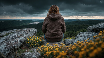a young woman sitting on a rock