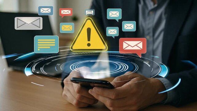 Smartphone with holographic warning and email icons, symbolizing spam, phishing, and cybersecurity risks in digital communication