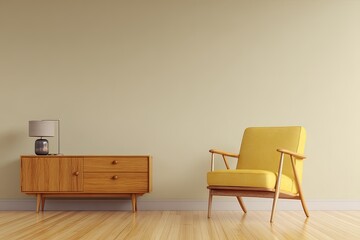 Beige room with yellow armchair and wooden cabinet