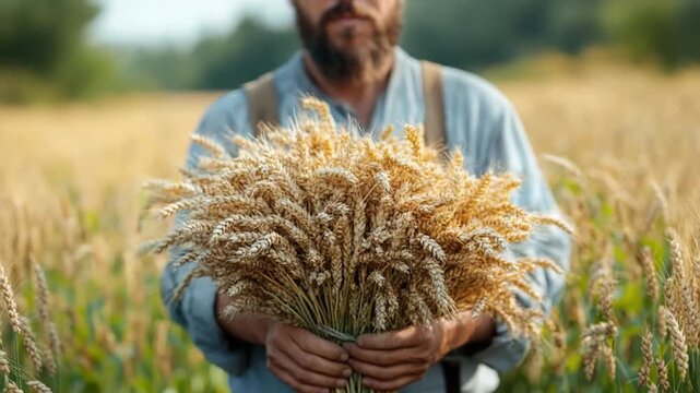 A farmer stands in a vast wheat field, proudly holding a large bundle of golden wheat. The warm light of sunset casts a beautiful glow over the landscape, reflecting the essence of rural life