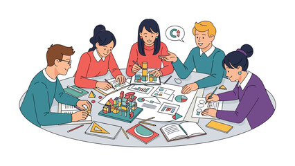 Creative minds: A diverse group of individuals gathers around a circular table, engrossed in collaborative brainstorming and project planning, surrounded by colorful charts and graphs.