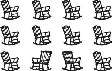 Set of vintage wooden rocking chair icons, black silhouette, classic furniture design, traditional seating, vector illustration, front and side view