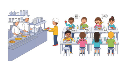 School Cafeteria Scene: A vibrant and inviting illustration capturing the lively atmosphere of a school cafeteria.