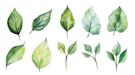 Creating a botanical watercolor collection of green leaves in a serene nature environment a detailed artistic approach