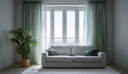 Fototapeta premium Bright and airy living room with large , modern sofa, and indoor plant for a cozy, minimalist home interior