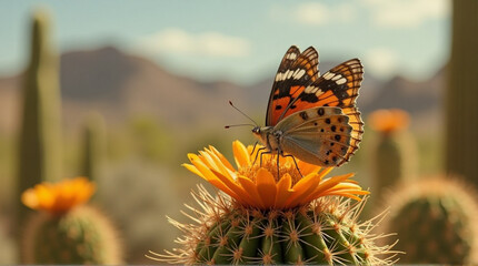 Obraz premium Vibrant butterfly sips nectar from bright desert cactus bloom, showcasing nature's delicate beauty