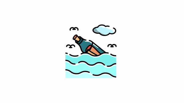 Message in a Bottle: Cartoon Icon Floating on Ocean Waves with Cloud and Birds
