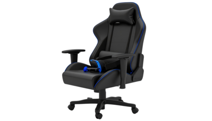 Gaming chair setup with VR headset and controllers, isolated on transparent background