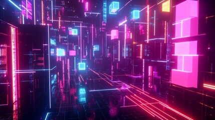 Exploring the neon grids of a cyber network visual content in a futuristic environment from an interactive perspective