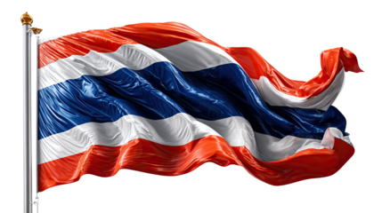 Thai Flag: a striking image of the Thai flag, billowing in the wind against a bright day, celebrating the nation's culture and identity. 