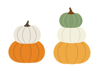 Hand drawn Autumn harvest pumpkin flat stock vector illustration.
Set of Fall  Stacked orange, green and white pumpkins element.
Farm fresh pumpkin.
White background.