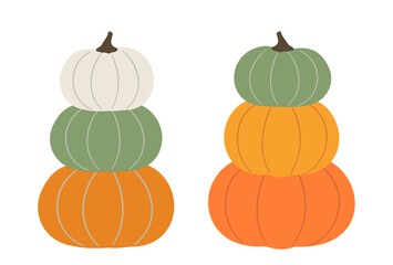 Hand drawn Autumn harvest pumpkin flat stock vector illustration.
Set of Fall  Three-layer orange, green and white pumpkins element.
Farm fresh pumpkin.
White background.
