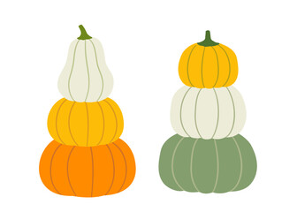 Hand drawn Autumn harvest pumpkin flat stock vector illustration.
Set of Fall  Three-layer orange, green and white pumpkins element.
Farm fresh pumpkin.
White background.
