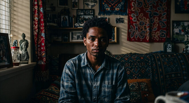 Young man with serious expression sitting alone in cultural home interior, reflecting solitude and deep thought - Powered by Adobe