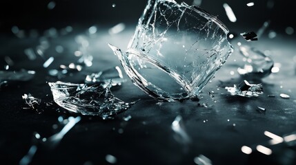 Dramatic shot of a broken glass cup studio setting photography dark environment close-up viewpoint symbolizing fragility