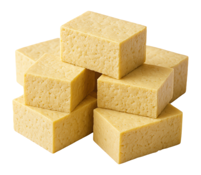A neat pile of firm yellow tofu cubes, also known as bean curd, a healthy plant-based protein ingredient, Isolated on Transparent and White Background
