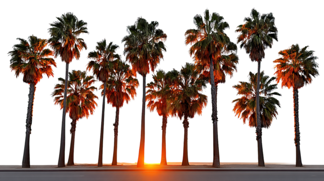 Palm Paradise: A row of tall, majestic palm trees is silhouetted against the radiant backdrop of the setting sun.