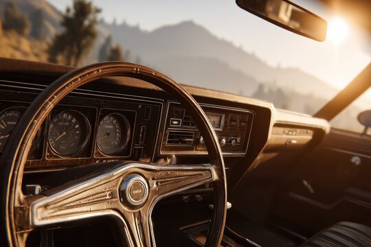 Fototapeta Vintage car interior, sunlit dashboard