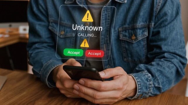 Smartphone receiving an incoming call from unknown number with warning hologram, symbolizing spam, scam, and cybersecurity risk.
