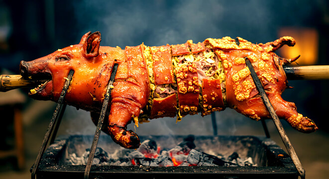 Philippines &ndash; Lechon (Whole Roasted Pig). a whole roasted pig (lechon) with crackling skin, stuffed with lemongrass and garlic 